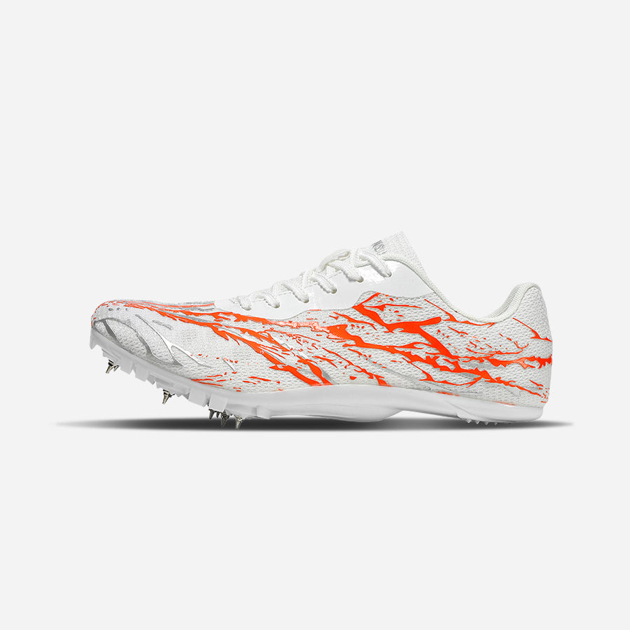 White and orange running spikes with cleats on a white background