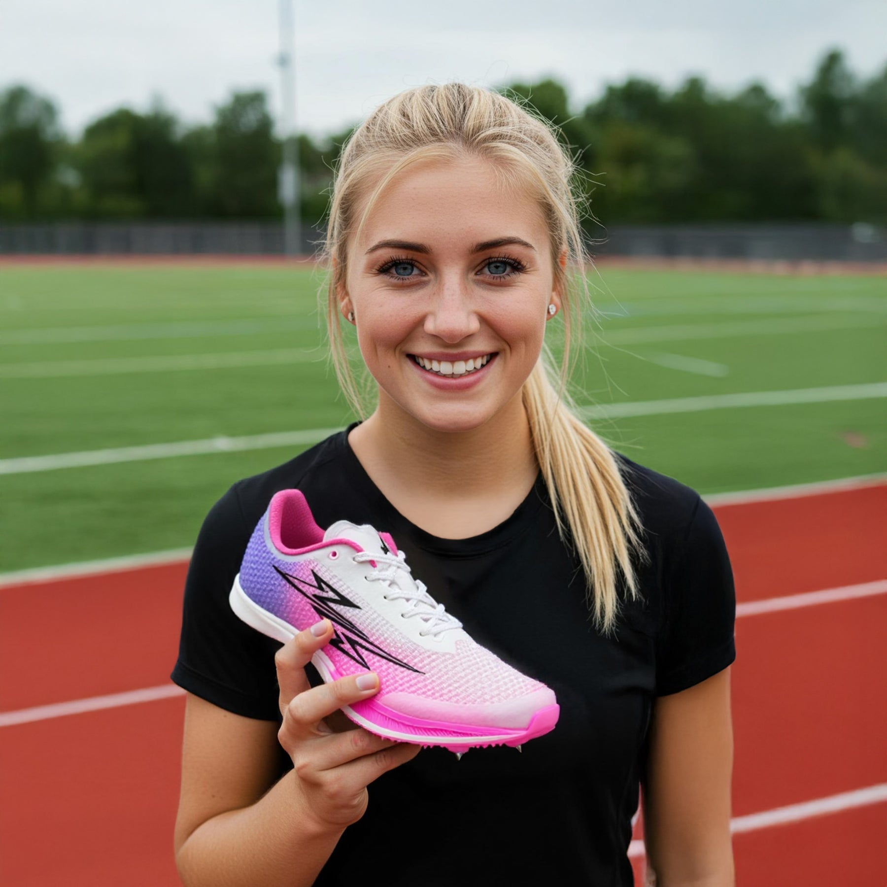 Girl HoldingFlash Omni Sprint Track Spikes at a track