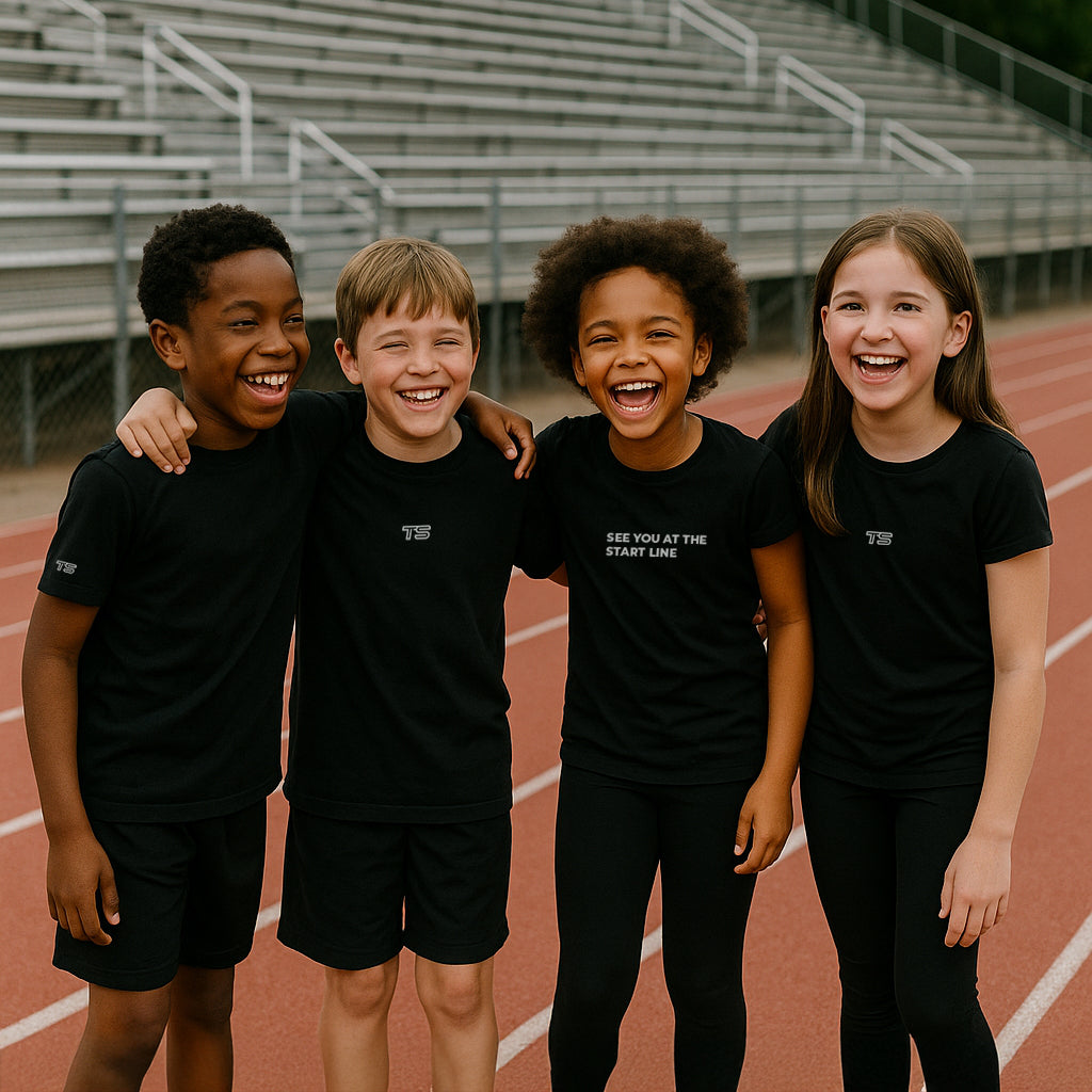 Kids standing on a running track laughing
