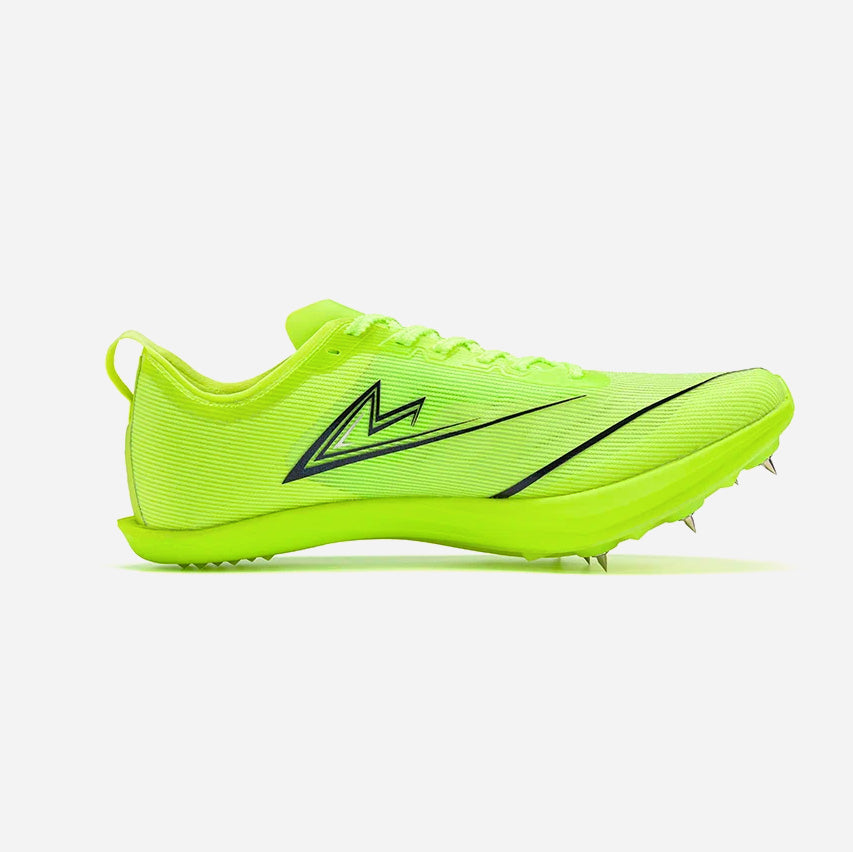 Bright green running shoe with black accents on a white background
