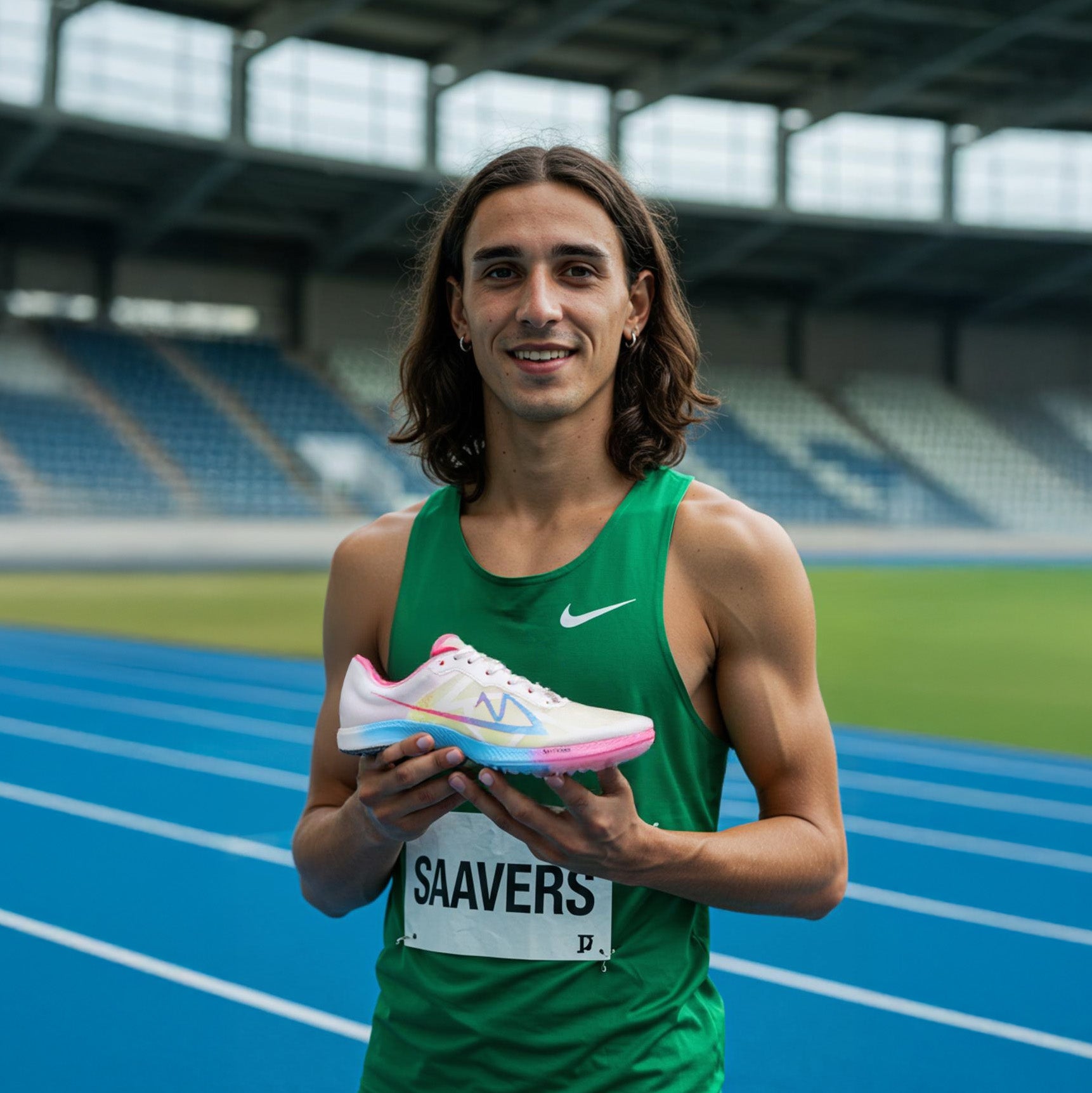 athlete holding Sonic Carbon Distance Track Spikes