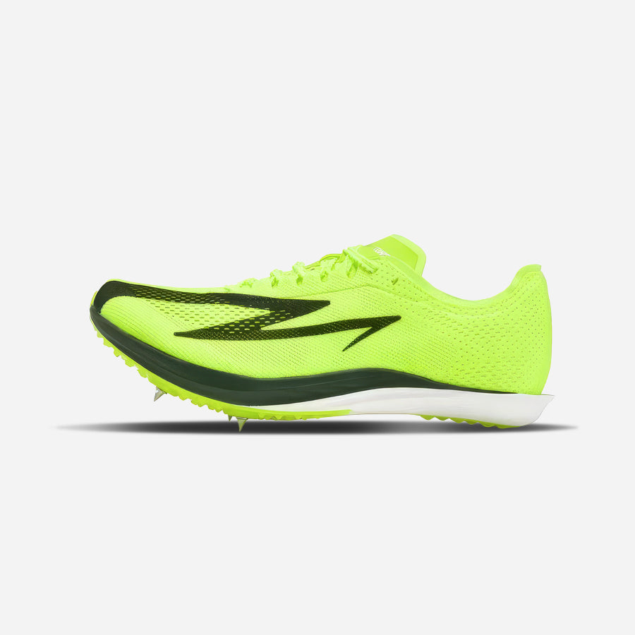 Bright green running shoe with black accents on a light gray background