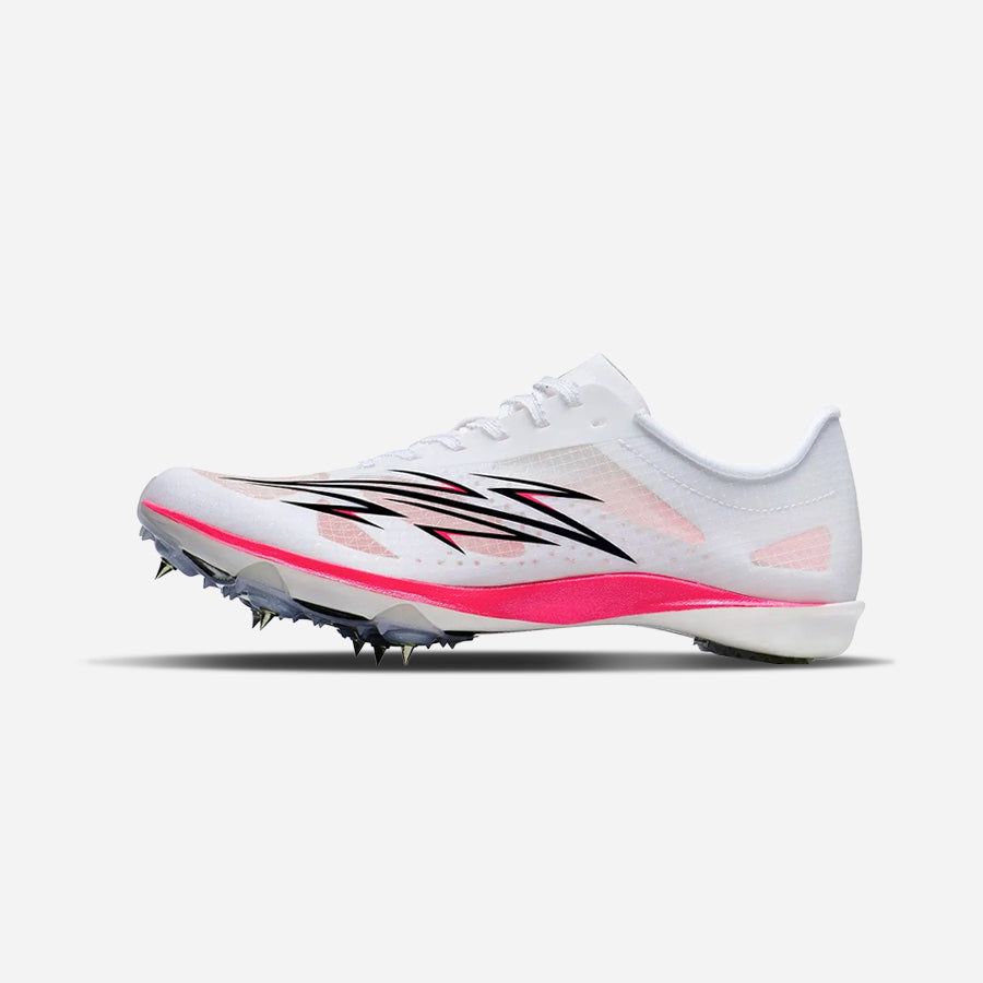 White track shoe with pink accents and spikes on a white background