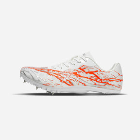 White and orange running spikes with cleats on a white background