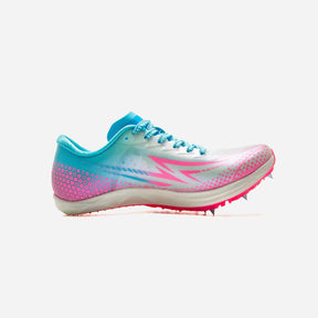 Pink and blue running shoe with spikes on a light gray background