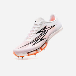A white track spike shoe with a black lightning bolt graphic on the side, orange outsole spikes, and a pink interior lining, shown against a light gray background.