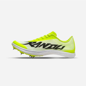 Track spikes  in neon yellow-green and white with black 'RANZL' branding on the side, shown in profile against a light gray background.