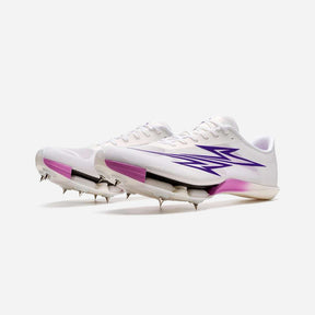 A pair of white athletic cleats with purple side graphics and magenta heel accents, shown on a light gray background.
