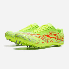 Bright green running shoes with orange accents on a white background