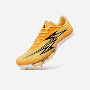 A yellow athletic shoe with black lightning bolt graphics on the side, shown at a three-quarter angle against a light gray background.