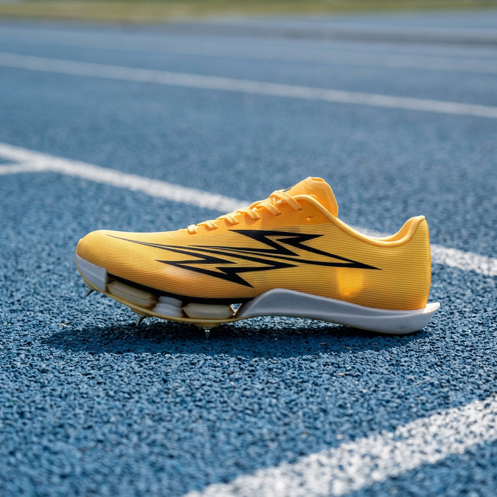 A yellow track and field shoe with black graphic accents and a white sole, photographed on a blue running track with white lane lines.