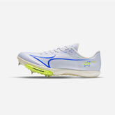 A white and light blue track and field shoe with blue and neon yellow accents, featuring a midsole spike , shown against a light gray background.