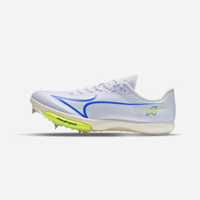 A white and light blue track and field shoe with blue and neon yellow accents, featuring a midsole spike , shown against a light gray background.