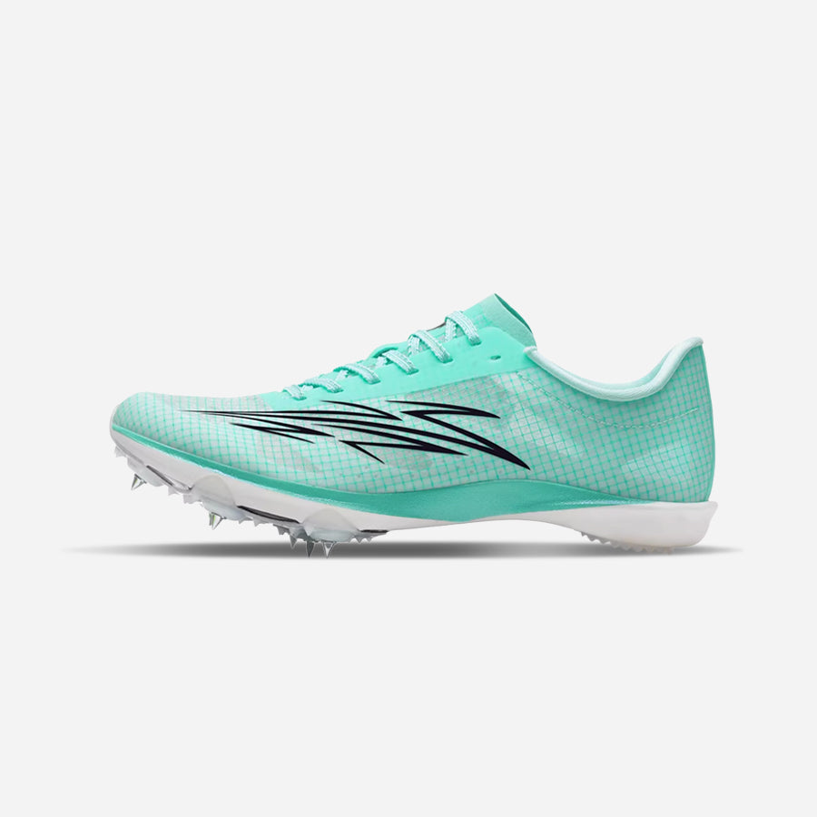 Turquoise running shoe with spikes on a white background