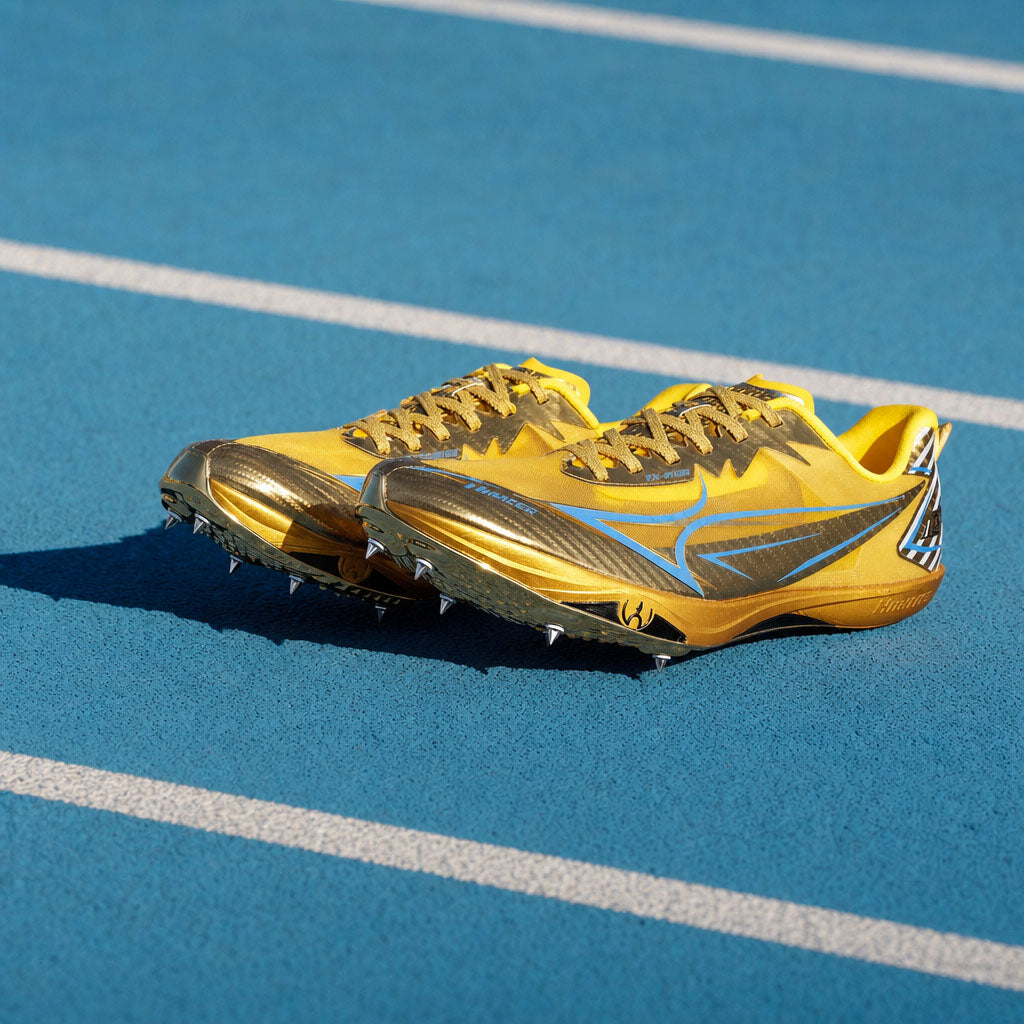 A pair of yellow and metallic gold track spikes with blue accents, resting on a blue athletic track field.