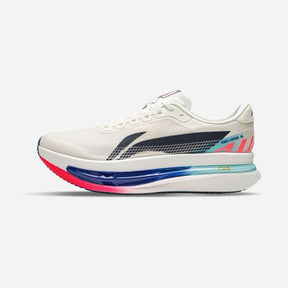 A white running shoe with a thick, colorful midsole featuring blue, pink, and light blue gradient sections, set against a plain light gray background.