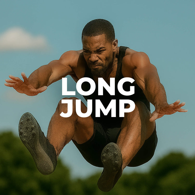 Man Long Jumping with track spikes for track and field.