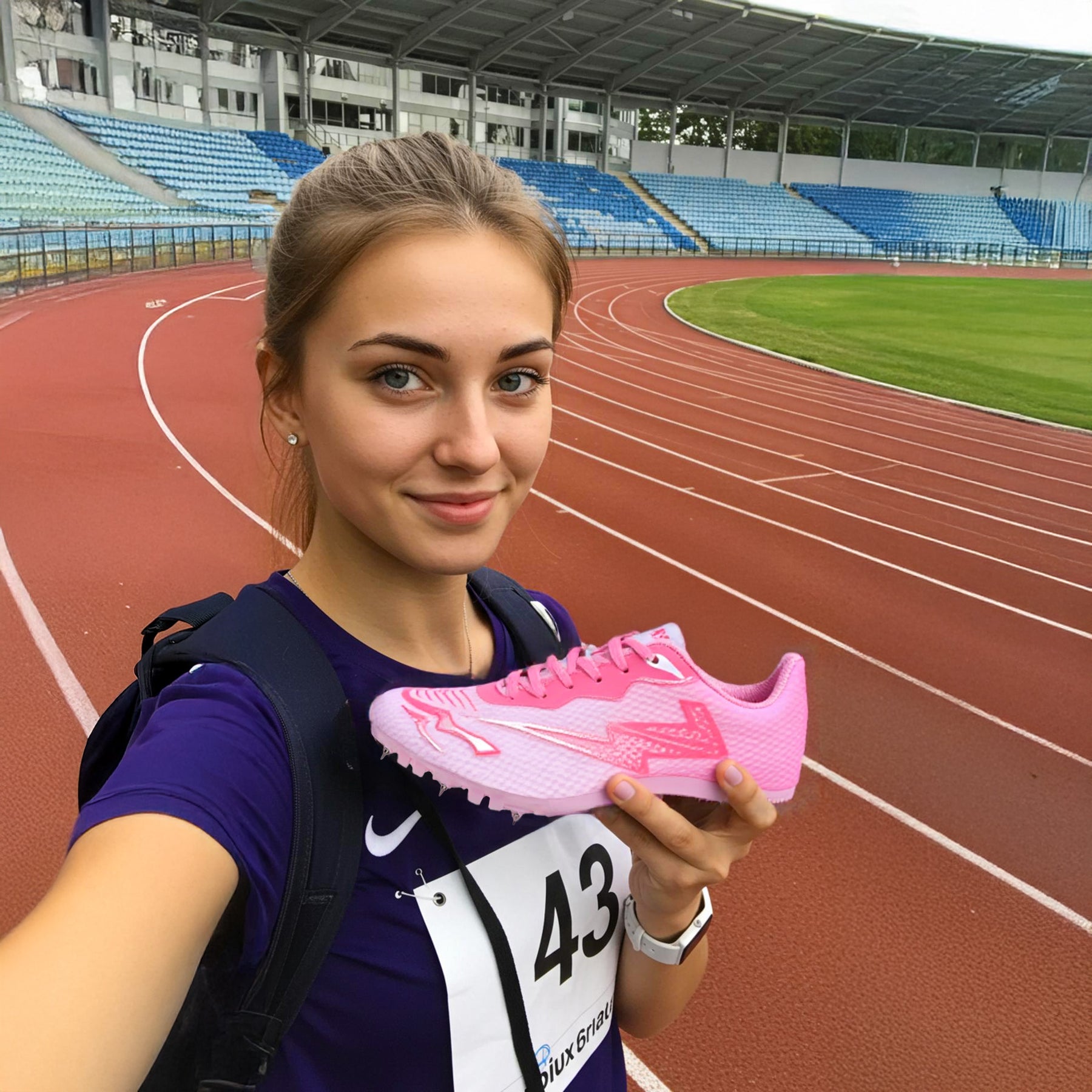 Girl Holding Pink Flight Sprint Track Spikes
