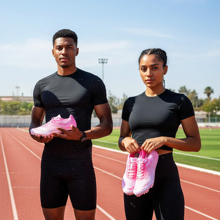 Two people holding pink track spikes on a running track