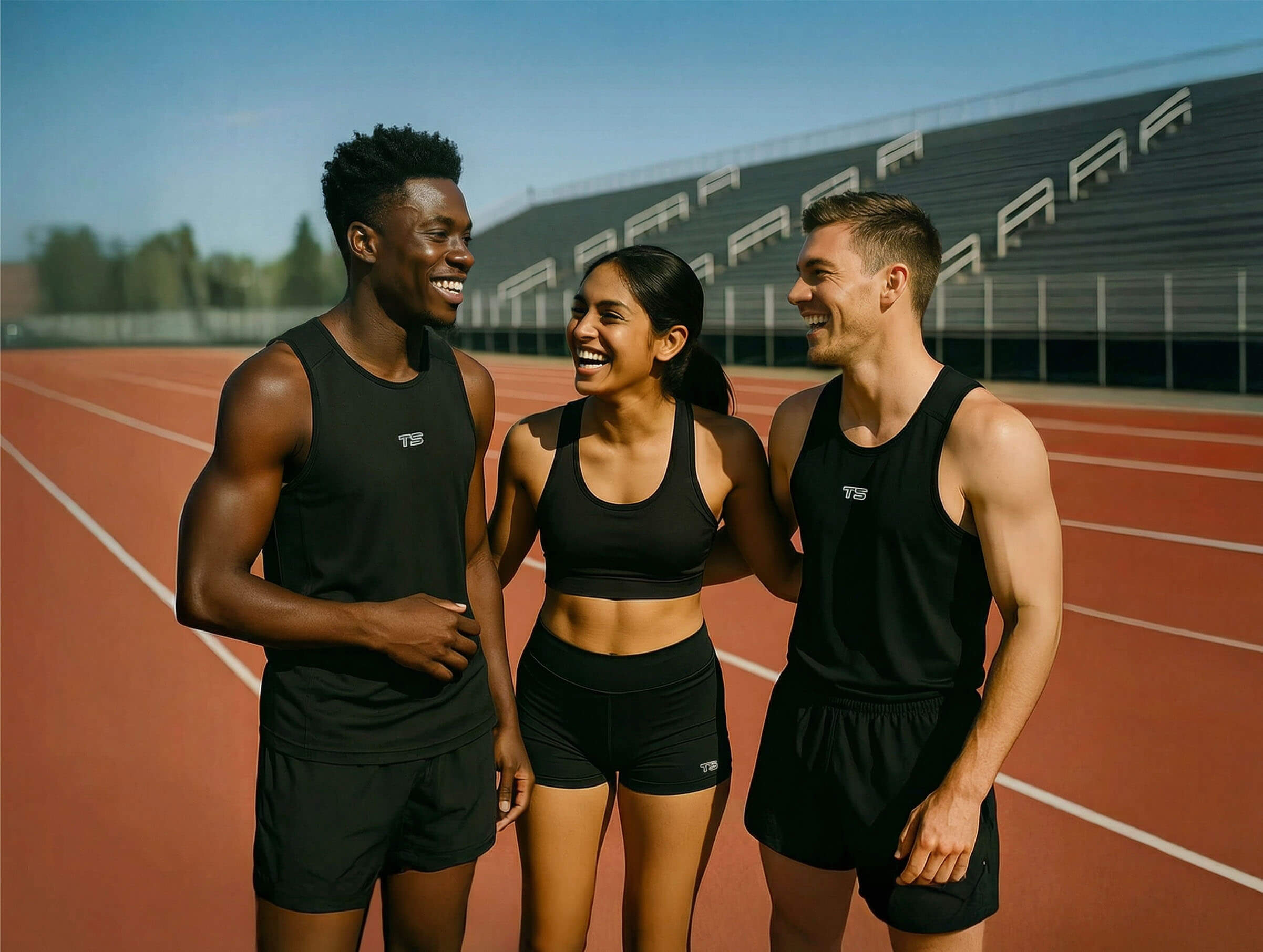 Track and field athletes laughing with each other standing on a running track