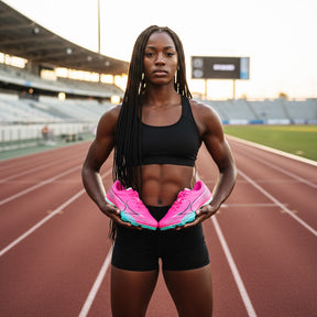 Athlete holding pink running shoes on a track field