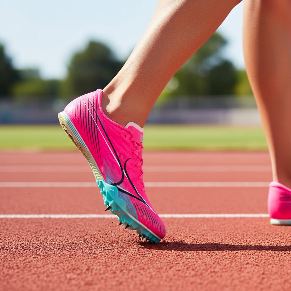 Pink running shoes with blue soles on a track