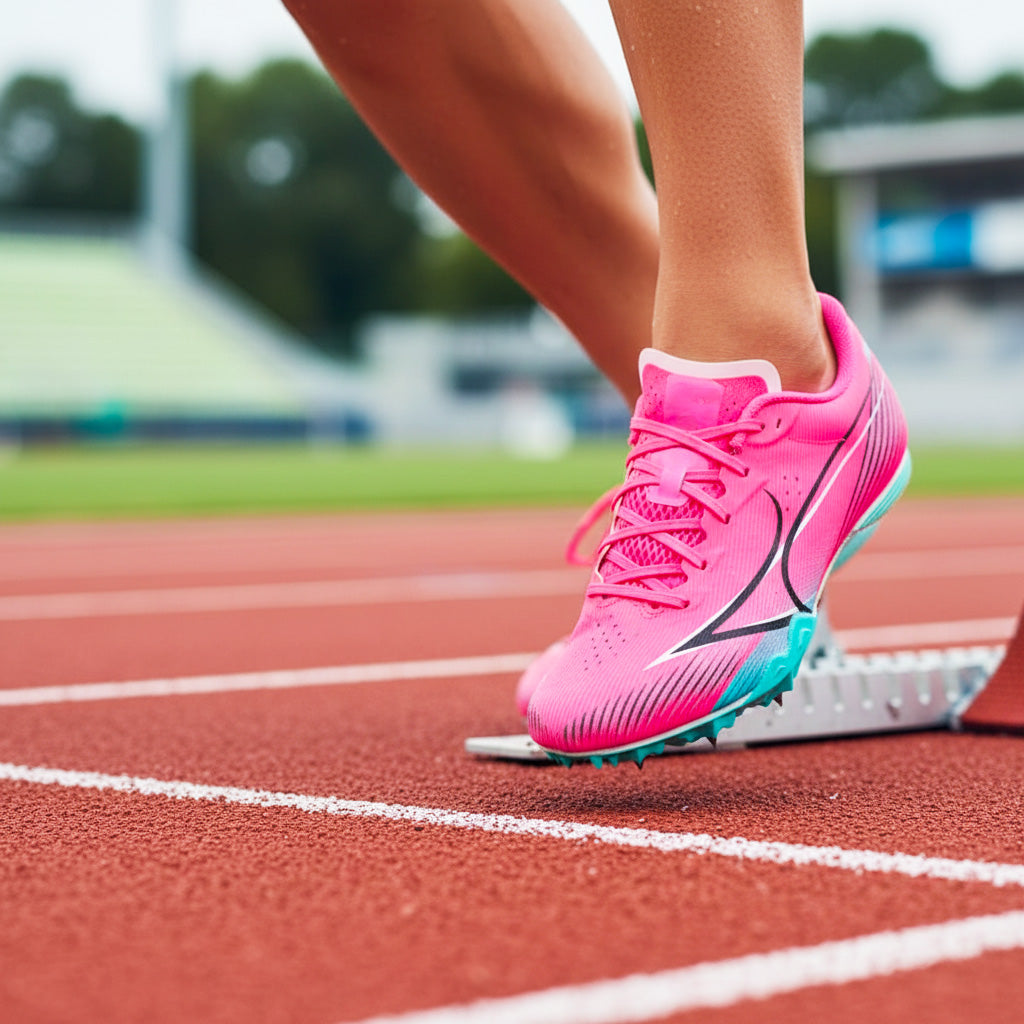 Pink running shoe on a track with blurred background