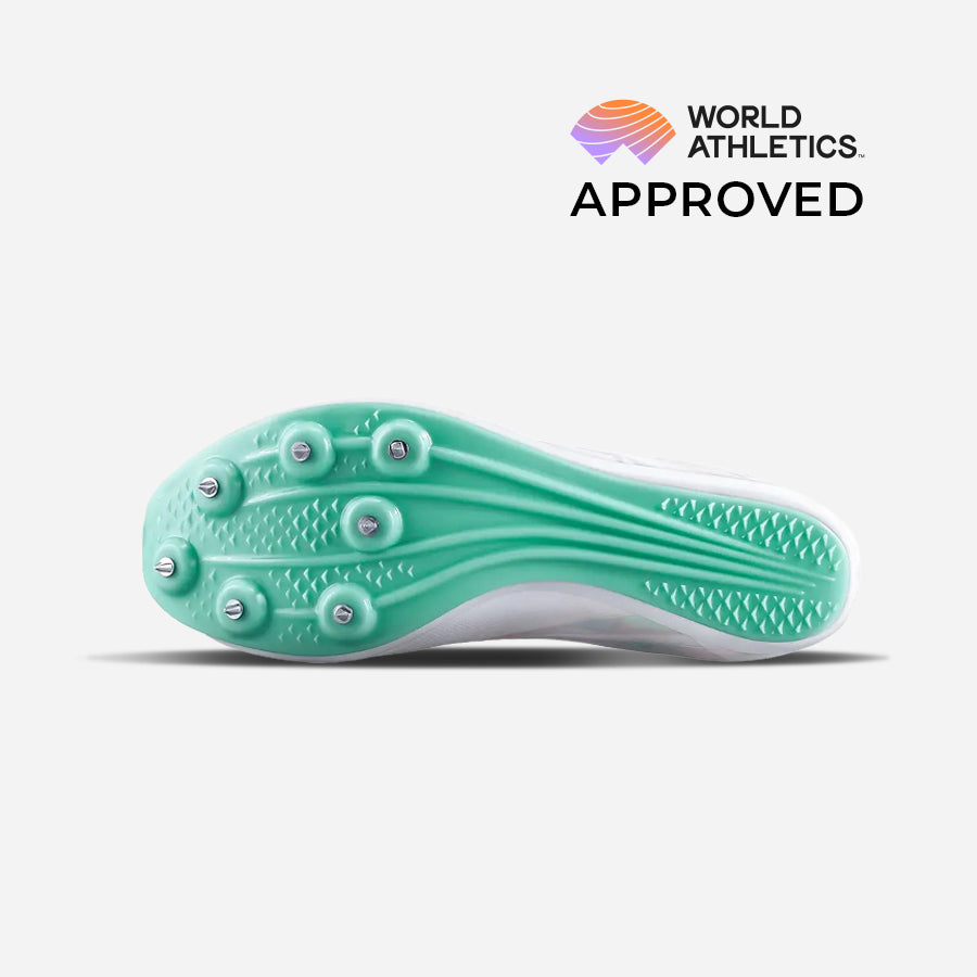 Green athletic shoe sole with World Athletics Approved logo on a white background