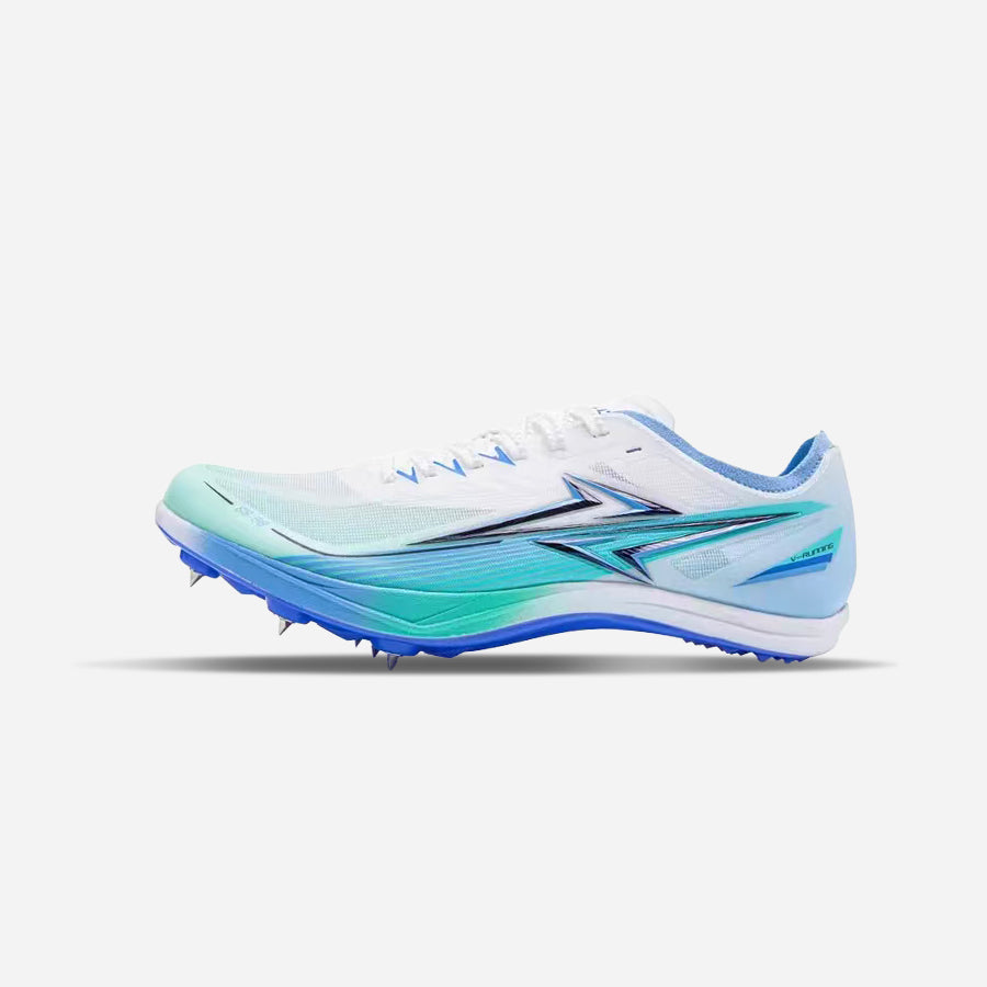 Blue and white running shoe with spikes on a light gray background