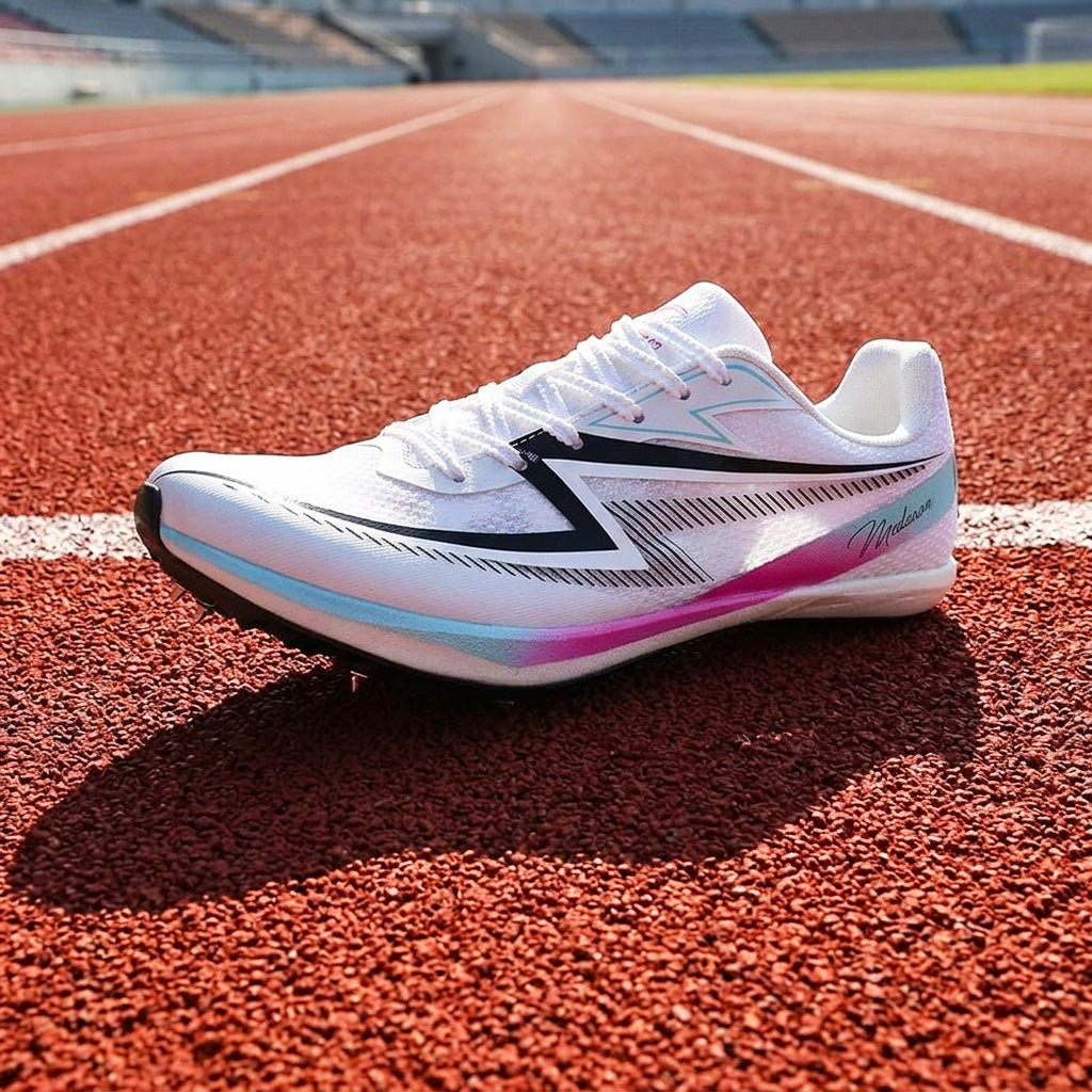 A white athletic track shoe with black and pink accents resting on a red running track.