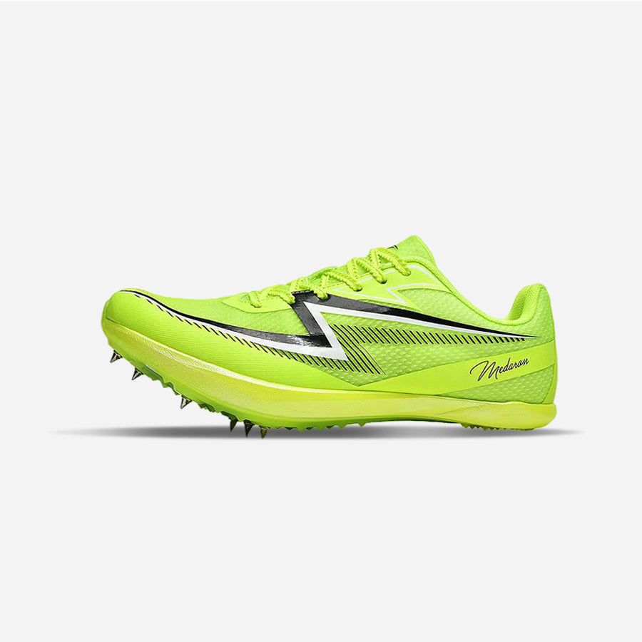 A single athletic track shoe in bright neon yellow-green with black and white graphic accents, side spikes, and a small script logo near the heel, shown on a clean light gray background.